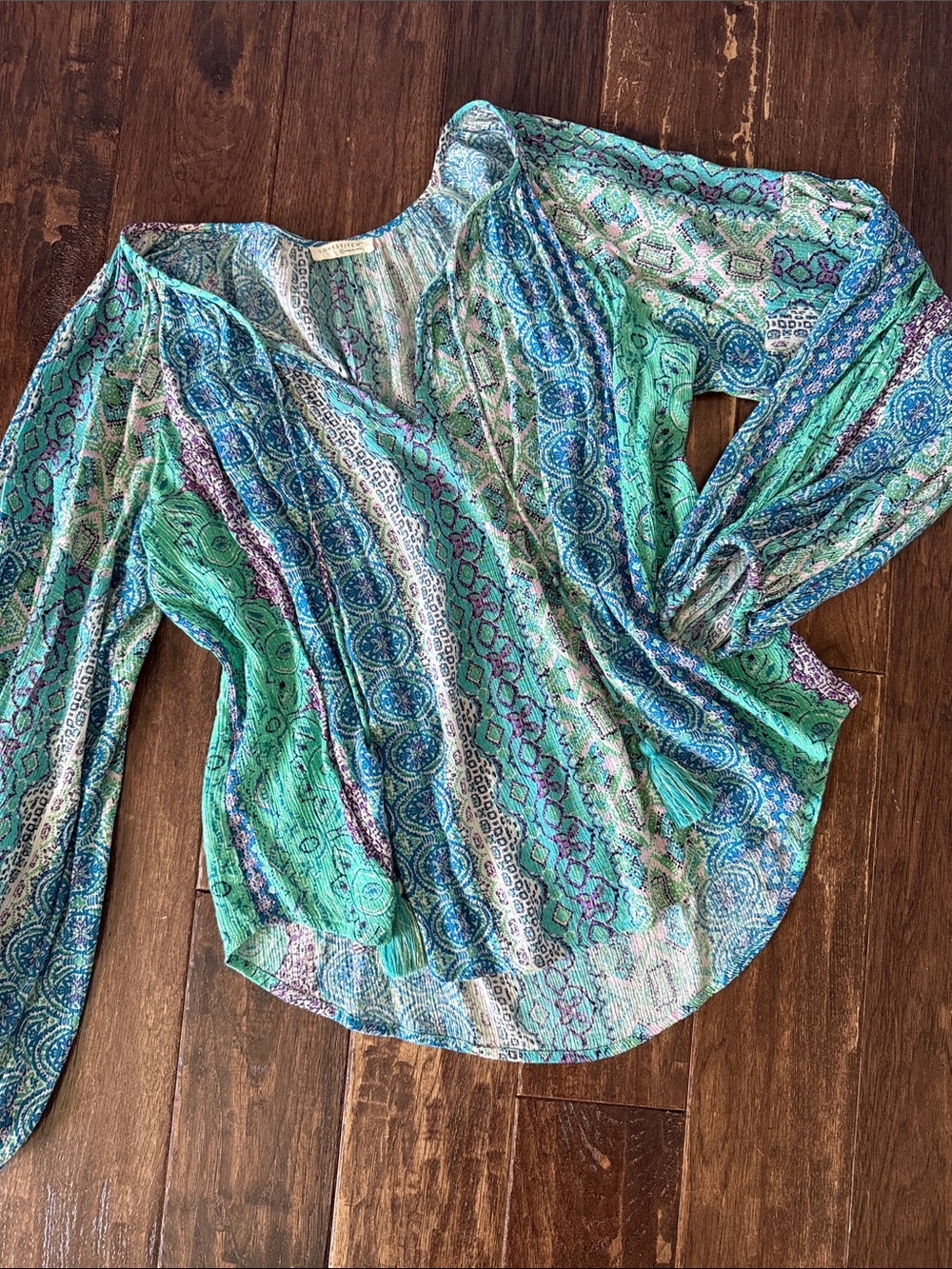 lovestitch Teal, Aqua & Blue Paisley Tie-Front Blouse